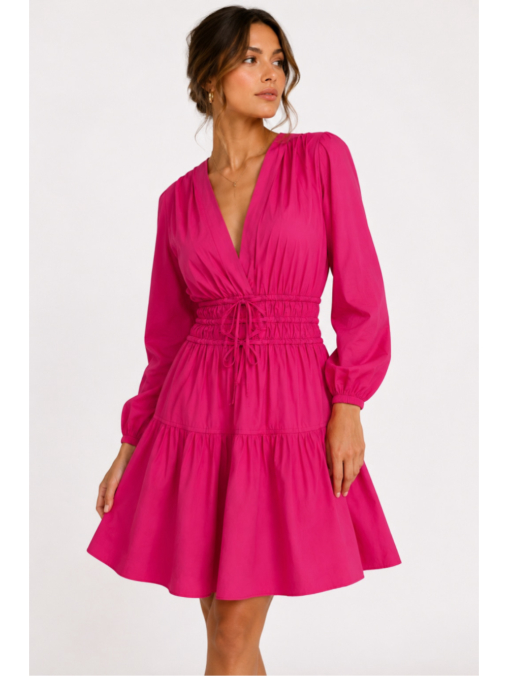 Derek Lam 10 Crosby Magenta Smocked Waist Mini Dress Cotton Long Sleeve NWT Size